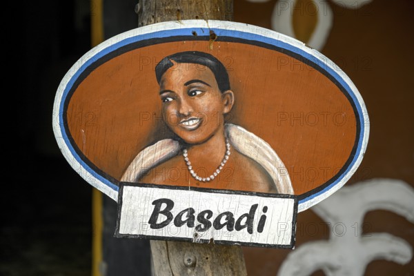 Planet Baobab women's restroom sign, lodge near the village of Gweta, Makgadikgadi Pans National Park, Central District, Botswana