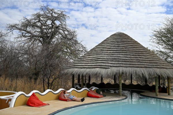 Planet Baobab swimming pool, lodge near the village of Gweta, Makgadikgadi Pans National Park, Central District, Botswana