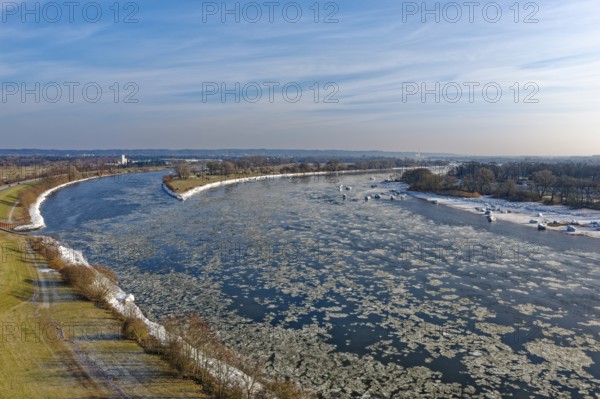 Ice rink on the Elbe near Hamburg near the Schwinder Haken off the Elbe island of Geesthacht. aerial view. Hamburg, Germany