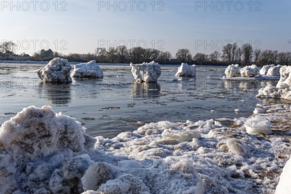 Ice skating on the Elbe with small icebergs on the water and on the banks of the Elbe Island near Geesthacht on a cold winter day. Geesthacht, Schleswig-Holstein, Germany
