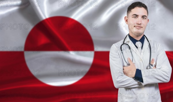 Portrait of medical professional on Greenland flag background. Greenlandic national health system