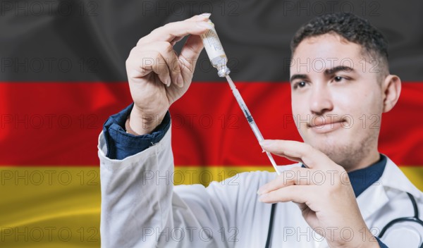 Doctor holding syringe on Germany flag background. Medical professional holding syringe with German flag in the background