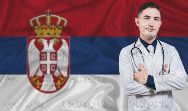 Portrait of medical professional on Serbia flag background. Serbian national health system