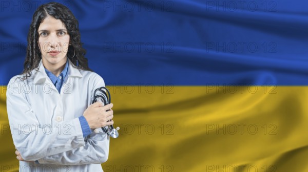 Ukrainian national health system, Medical professional on Ukraine flag background