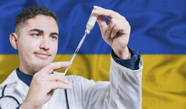 Doctor holding syringe on Ukraine flag background. Medical professional holding syringe with Ukrainian flag in the background