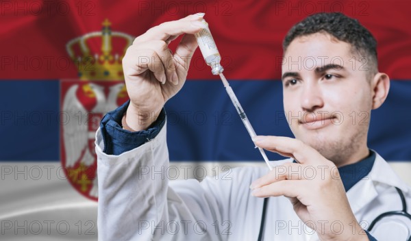 Doctor holding syringe on Serbia flag background. Medical professional holding syringe with Serbian flag in the background