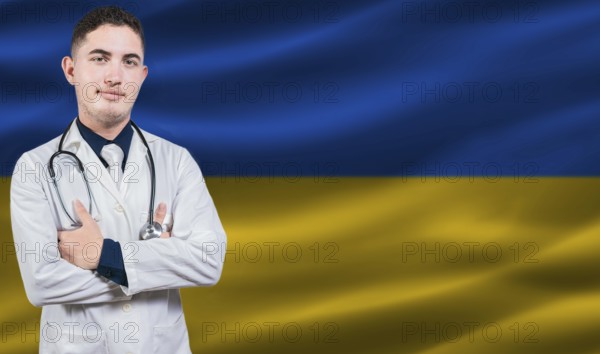 Portrait of medical professional on Ukraine flag background. Ukrainian national health system