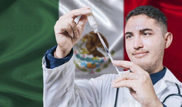 Doctor holding syringe on Mexico flag background. Medical professional holding syringe with Mexican flag in the background
