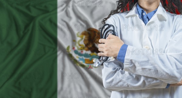 Healthcare professional with Mexico flag background. Professional doctor holding stethoscope on Mexico flag background