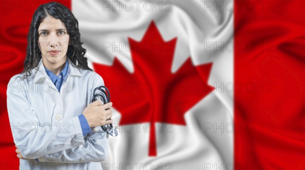 Canadian national health system, Medical professional on Canada flag background