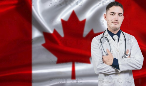 Portrait of medical professional on Canada flag background. Canadian national health system