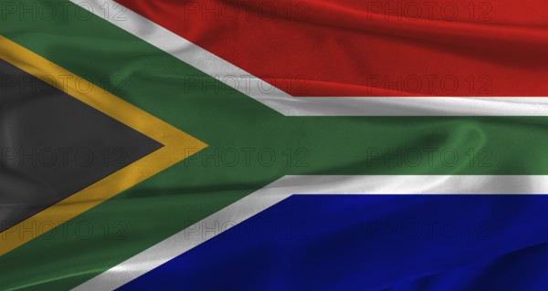 Flag of South Africa with fabric textured background. Close up of National flag of South Africa with realistic texture