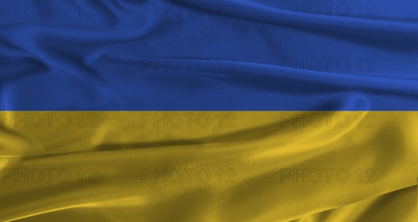 Flag of Ukraine with fabric textured background. Close up of National flag of Ukraine with realistic texture