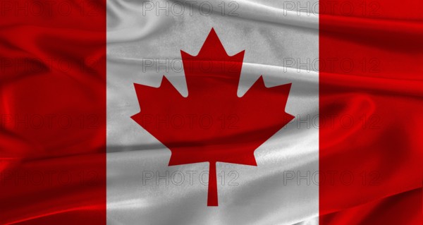 Flag of Canada with fabric textured background. Close up of National flag of Canada with realistic texture