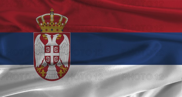 Flag of Serbia with fabric textured background. Close up of National flag of Serbia with realistic texture