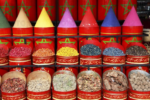 Sales stand selling spices and herbs at a market in Marrakech, historic old town, Medina, UNESCO World Heritage Site, Morocco