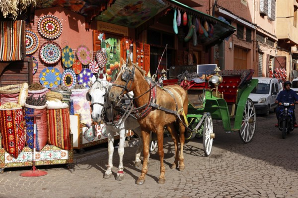 Horses and horse-drawn carriage for sightseeing tours with tourists in an old town alley, Marrakech, historic old town, Medina, UNESCO World Heritage Site, Morocco
