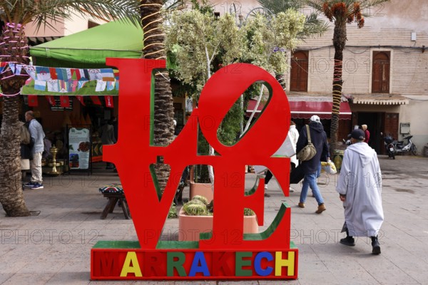 Large display Love Marrakesh on a market in Marrakech, historic old town, Medina, UNESCO World Heritage Site, Morocco