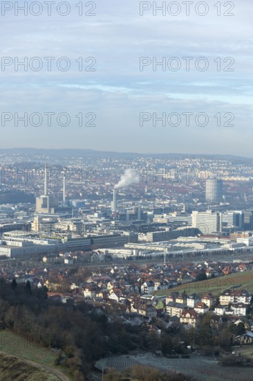 Panoramic view of a hilly urban landscape with industrial areas and residential buildings, view of Daimler headquarters, Untertürkheim plant, Stuttgart, Baden-Württemberg, Germany