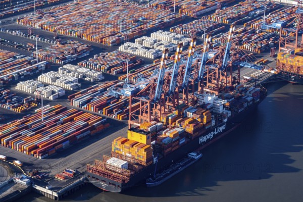 Eurogate container terminal, container ship, export, cargo ship, port, logistics, economy, Elbe, aerial view, Eurokai, Eurogate, Hapag LLoyd, Tayma Express, Hamburg, Germany