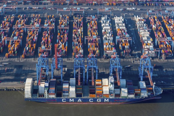 Container ships at CTA, container terminal Altenwerder, container ship, export, cargo ship, port, logistics, economy, Elbe, aerial view, Eurokai, Eurogate, CMA, CGA, Hamburg, Germany