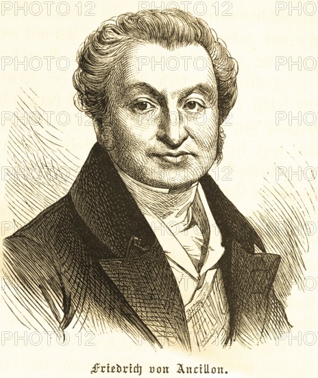 Portrait of Jean Pierre Frédéric Ancillon (1767-1837) Friedrich von Ancillon, wavy hair, self-confident, suit, stand-up collar, history, Prussian statesman, philosopher, educator, state theory, representative of the corporative state, social status, privileges, philosophy, Prussia, Germany, historical illustration 1882