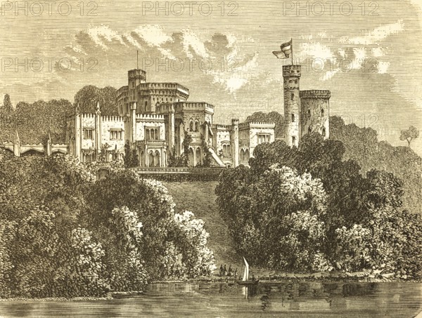 Babelsberg Castle on Tiefer See, summer residence of Emperor Wilhelm I, park, steep slope, Tudor style, architect Karl Friedrich Schinkel, towers, flag, part of the Berlin-Potsdam residential landscape, sailboat, history, Prussia, Potsdam, Germany, historical illustration 1882