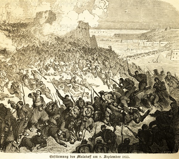 Storming of Malakoff on September 8, 1855, Battle of Malakov, fortifications on Malakov Hill, fortress, command Marshal Aimable Pélissier and General Patrice de Mac-Mahon, victory of the French, defeat of the Russians, French Zuaves, soldiers from North Africa. Bloody battle, battle, weapons, rifles, coast, Black Sea, history, Prussia, Sevastopol, Crimea peninsula, Ukraine, Russia, historical illustration 1882