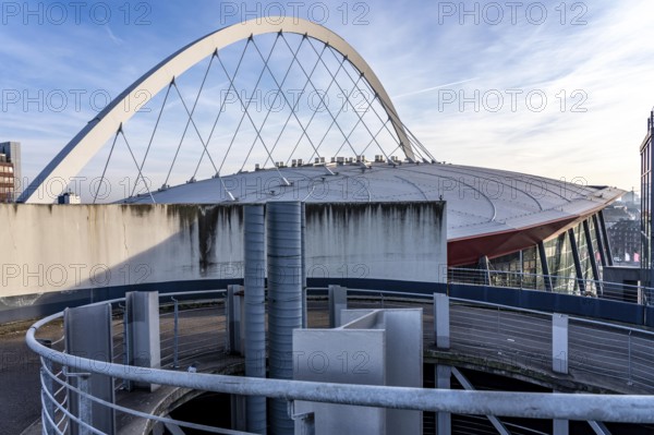 Roof with arched support structure of the Lanxess Arena, Cologne Arena, multifunctional hall, concert hall in Cologne-Deutz, with up to 20, 000 seats, it is the largest event hall in Germany, North Rhine-Westphalia, Germany