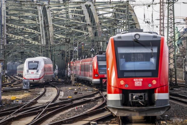 Railway in front of Cologne Central Station, Hohenzollern Bridge across the Rhine, ICE long-distance trains and regional trains, S-Bahn, in front of the railway bridge, Cologne, North Rhine-Westphalia, Germany