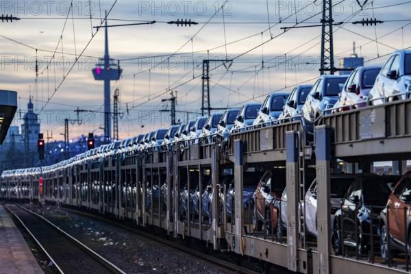 Car train, transport of Toyota small cars with a freight train from BLG Logistics, a logistics service provider for automobiles, Cologne, North Rhine-Westphalia, Germany