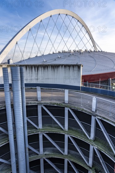 Roof with arched support structure of the Lanxess Arena, Cologne Arena, multifunctional hall, concert hall in Cologne-Deutz, with up to 20, 000 seats, it is the largest event hall in Germany, North Rhine-Westphalia, Germany