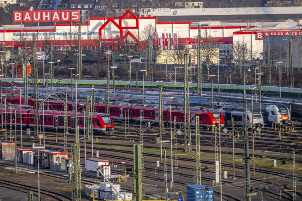 DB Regio parking facility in Cologne Deutzerfeld, where S-Bahn and Regiobahnen are waiting to be deployed, train on the line, Cologne Deutz, North Rhine-Westphalia, Germany