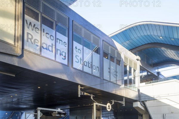 Modern architecture of railway station building redevelopment, Welcome to Reading station, Berkshire, England, UK
