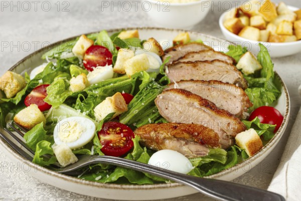 Caesar salad, with duck breast, on a light plate, on a light background, homemade, no people