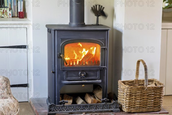 Logs burning in roaring fire of Clearview stove in domestic residential living room, UK