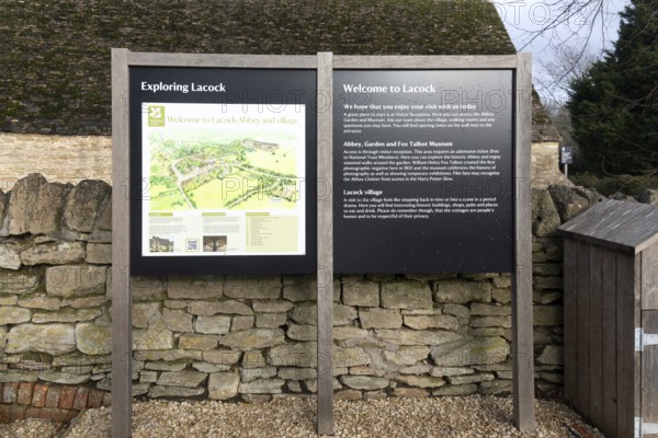 Welcome to Lack, National Trust Information noticeboard at Lacock, Wiltshire, England, UK