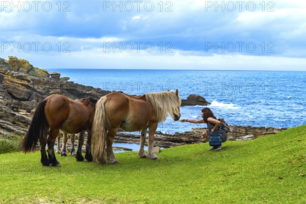 Woman crouching on green grass feeding wild horses along the rugged jaizkibel coastline, with the blue sea and a cloudy sky completing the natural landscape