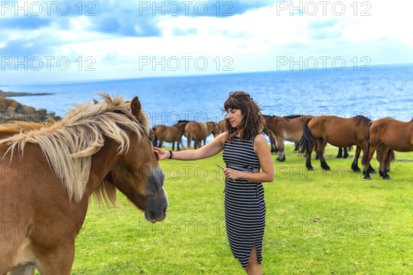 Woman interacting with a wild gray horse, gently petting its face while a herd of brown horses grazes in green grass with the blue cantabrian sea and cloudy sky in the background