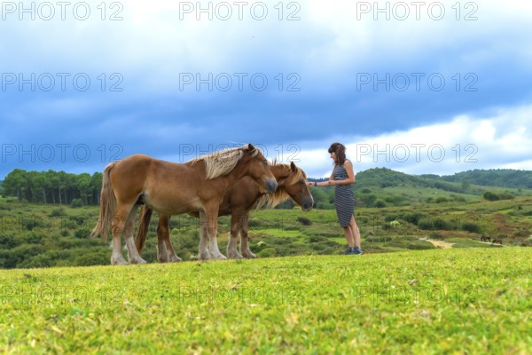 Woman gently petting two horses in a vast green field with rolling hills and a dense forest under a cloudy sky on mount jaizkibel in the basque country
