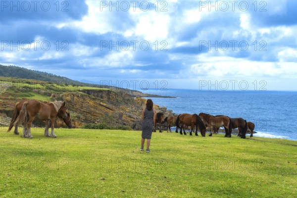 Wild horses freely grazing on the vibrant green pasture of mount jaizkibel coastal cliff, with a woman observing the pristine natural landscape and blue cantabrian sea under an expressive sky