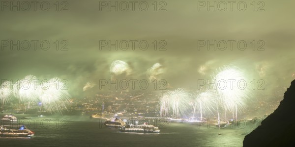 New Year's Eve fireworks, dusk, Atlantic Ocean, harbour with cruise ships, Funchal, Madeira, Portugal