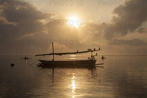 Cormorants sit on a outrigger fishing boat off the coast of Sanur, Bali, Indonesia
