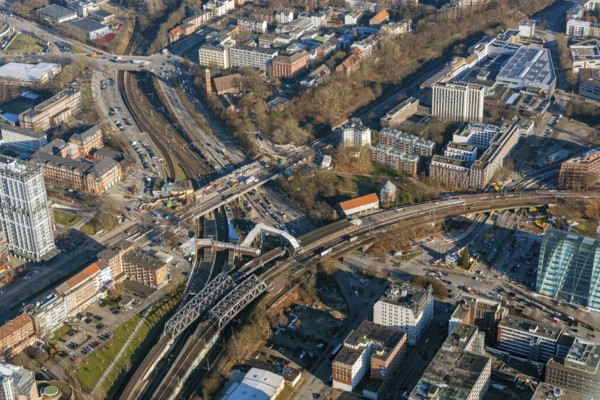 Construction site, Ankelmannplatz, Bürgerweide, Berliner Tor, Heidenkampsweg, Spaldingstraße, Deutsche Bahn, railway, road construction, bridge construction, aerial view, Hamburg, Germany