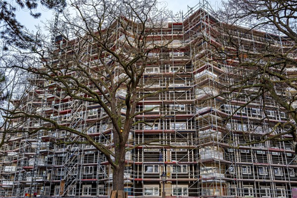 Scaffolding on a high-rise building at Tegel Harbour, Berlin, Germany