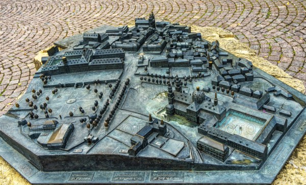 Bronze portrait of the city view of the baroque quarter in Fulda, Hesse, Germany