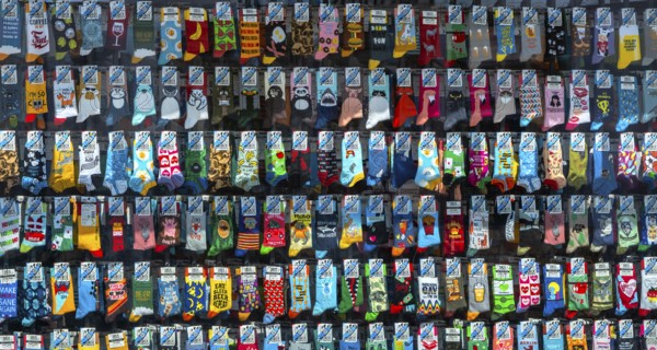 Window decoration with colorful socks, Potsdam, Brandenburg, Germany