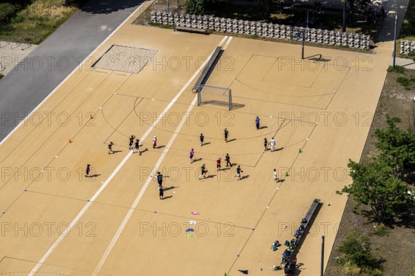 View of a soccer field from the platform on the garrison church, Potsdam, Brandenburg, Germany