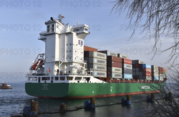 Container ship ELBINSEL leaves Kiel-Holtenau lock and sails to Kiel Fjord, Schleswig-Holstein, Germany