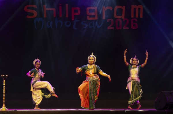 Artists perform Odissi classical dance during a cultural evening program at Shilpgram Mohotsav 2026 in Guwahati, India, on 21 January 2026